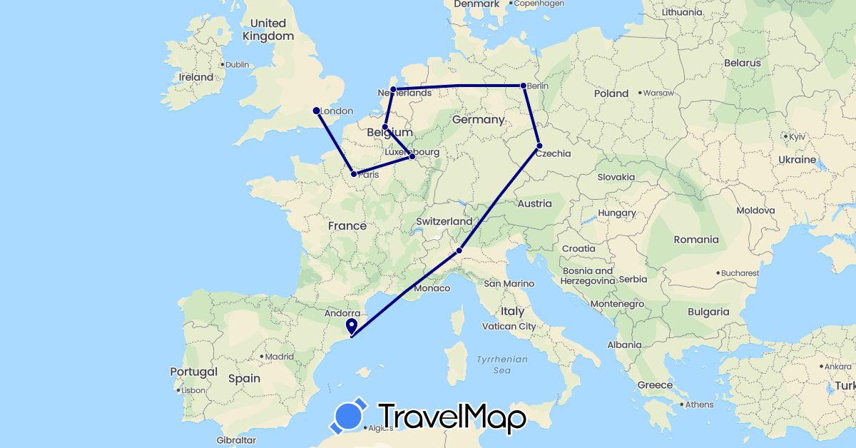 TravelMap itinerary: driving in Belgium, Czech Republic, Germany, Spain, France, United Kingdom, Italy, Luxembourg, Netherlands (Europe)